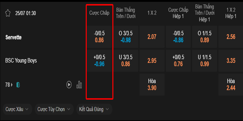 Bảng tỷ lệ 1 4 handicap ví dụ